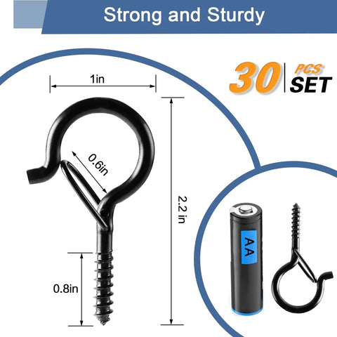 30 Pack Q Hanger Hooks With Safety Buckle Windproof Screw Hooks For Hanging Outdoor String Lights Plants And Christmas Patio Decor 2.2 Inch Weatherproof Black shown with dimensions