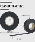 Diagram showing 3/4 in width and 66 feet length of black electrical tape from 10 Color Pack Colored Electrical Tape Waterproof Three Quarter Inch By Sixty Six Feet Industrial Grade UL CSA Listed High Temperature Vinyl Tape For Electrical Wiring And Insulation.