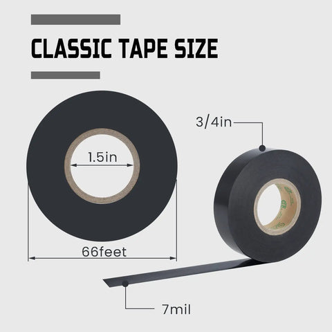 Diagram showing 3/4 in width and 66 feet length of black electrical tape from 10 Color Pack Colored Electrical Tape Waterproof Three Quarter Inch By Sixty Six Feet Industrial Grade UL CSA Listed High Temperature Vinyl Tape For Electrical Wiring And Insulation.