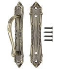 Heavy Duty Sliding Barn Door Pull Handle Bronze Set With Large Rustic Two Sided Design For Gates Garages Sheds And Furniture Solid Alloy Antique Door Handle In Bronze Tone 6.85 Inch, showing front and side view with installation screws.