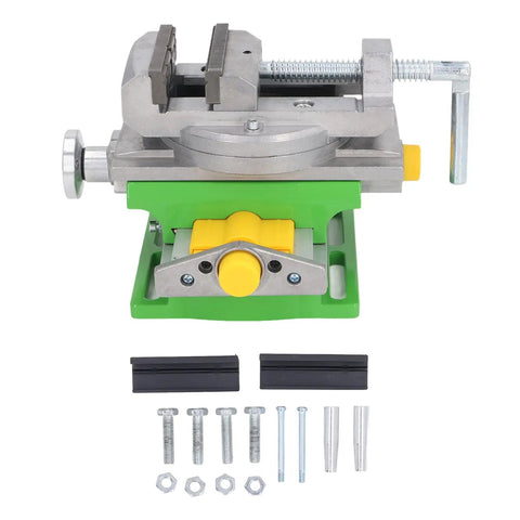 Slide Drill Press Vise With 77mm Clamping, XY Compound Vise For Milling And Drilling, detailed view of green and yellow components.