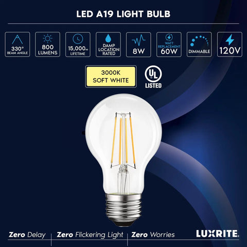 Vintage A19 LED Light Bulbs 60W Equivalent 3000K Soft White Dimmable 800 Lumens Edison Style Energy Efficient