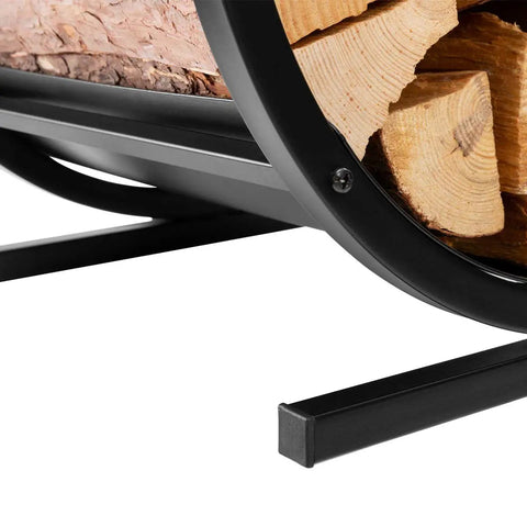 Close-up of Indoor Firewood Rack And Log Holder For Fireside, Sturdy Steel Construction With Powder Coating, logs stacked inside.
