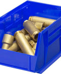 Blue space saving stackable plastic storage bin holding metal connectors, 9 x 6 x 5 inches, for garage and pantry, 12 pack