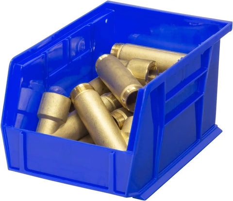 Blue space saving stackable plastic storage bin holding metal connectors, 9 x 6 x 5 inches, for garage and pantry, 12 pack