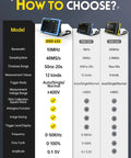 Comparison chart of 2In1 Portable Digital Oscilloscope And DDS Signal Generator features including 10MHz bandwidth and 48MSps sampling.
