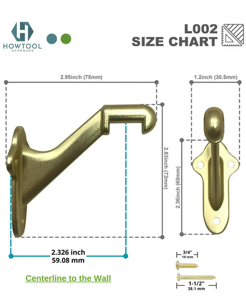 3 Pack Wooden Stair Handrail Brackets Champagne Brass Finish, Low Profile Wall Mount Supports with size chart and measurements