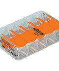 Lever Nut 5 Conductor Compact Connectors 221-415 with clear housing showing interior, for solid stranded flexible copper wires