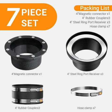 7-piece 4 Inch Magnetic Dust Collection Fittings Kit for Woodworking Shops, showing connectors, couplers, and clamps