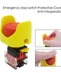 Heavy Duty Red Mushroom Emergency Stop Push Button Switch 1NC 1NO 22mm Mount with yellow protective cover in use