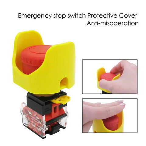 Heavy Duty Red Mushroom Emergency Stop Push Button Switch 1NC 1NO 22mm Mount with yellow protective cover in use