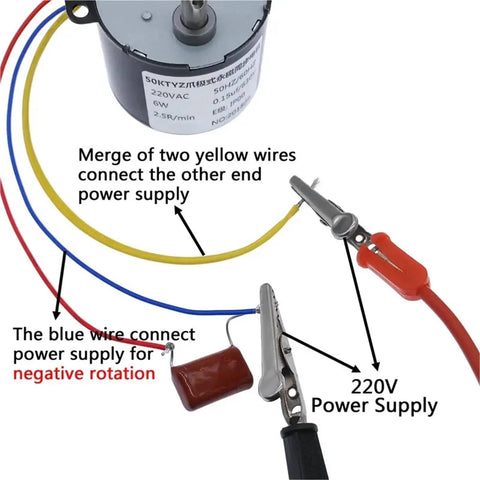 Close-up of wiring for Permanent Magnet Synchronous Motor With Speed Reducer, showcasing connections for 220V power and rotation control.