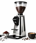 Top Rated Electric Flat Burr Coffee Grinder With Rapid Grind Selector For Espresso Portafilter Large 750G Hopper Pro Level, coffee beans and ground coffee shown