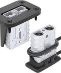 Beefy 50A Quick Connect Battery Disconnect Plug With Fireproof Shell And Heavy Duty Copper Ends For No Sweat 6 AWG To 12 AWG Wiring In Cars Campers And Solar Builds close-up view of plug with locking mechanism and mounting screws.