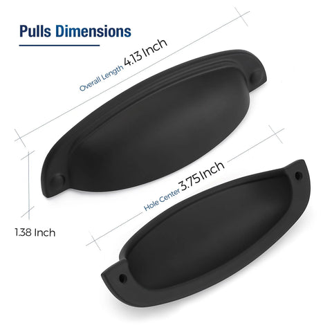 Dimensions of 10 Pack Matte Black Cup Pulls Three And Three Quarters Inch Hole Center Zinc Alloy Cabinet Handles for Drawers