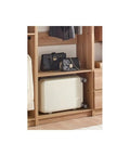 Custom Walk In Closet System With Sturdy Wooden Drawers And Flexible Shelves Modular Wardrobe Organizer Featuring a stylish bag and a suitcase.