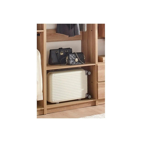 Custom Walk In Closet System With Sturdy Wooden Drawers And Flexible Shelves Modular Wardrobe Organizer Featuring a stylish bag and a suitcase.