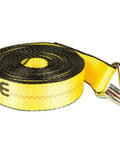 Yellow 2 Inch 30 Foot Ratchet Tie Down Strap with Wire Hook, rolled and ready for heavy duty use on flatbed trucks or trailers.