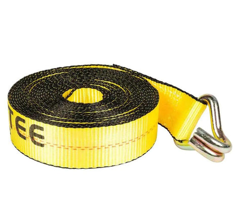 Yellow 2 Inch 30 Foot Ratchet Tie Down Strap with Wire Hook, rolled and ready for heavy duty use on flatbed trucks or trailers.