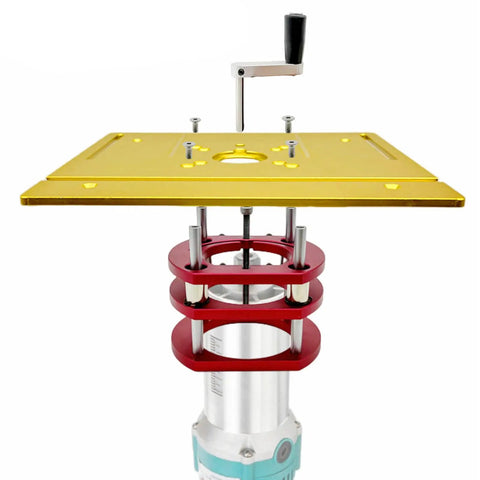 Solid As Rock Aluminum Router Table Insert Plate With Precision Spacers for woodworking, showing gold plate and red spacers.