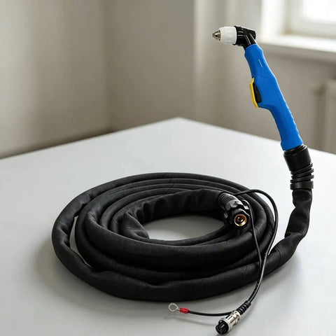 Pro Grade Air Electric Discharge Severing Torch Kit For Slick Steel Cutting hose with blue grip handle and black protective sleeve.