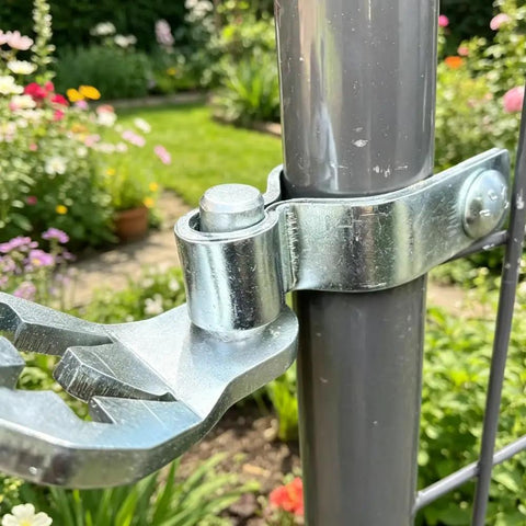 Close-up of Heavy Duty T Post Gate Hinge Assembly Kit With Galvanized Steel Pins attached to a metal post for fence installation.