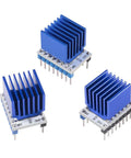 Three TMC2208 stepper driver modules with blue heatsinks for 3D printers, part of Five Pack Ultra Quiet TMC2208 Stepper Driver Modules For 3D Printers With Heat Sink And Screwdriver Kit One Point Two Amp Steppers Compatible With Ramps 1.4 MKS Prusa I3 Ender 3 Pro Controller Boards