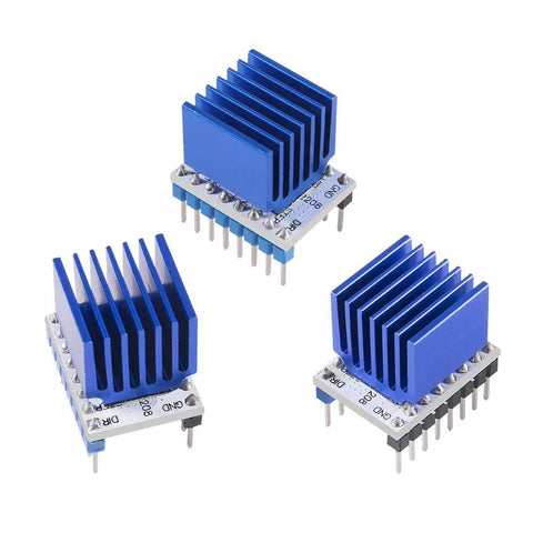 Three TMC2208 stepper driver modules with blue heatsinks for 3D printers, part of Five Pack Ultra Quiet TMC2208 Stepper Driver Modules For 3D Printers With Heat Sink And Screwdriver Kit One Point Two Amp Steppers Compatible With Ramps 1.4 MKS Prusa I3 Ender 3 Pro Controller Boards