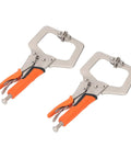 Heavy Duty 9 Inch Locking C Clamp Pliers With Rotating Pads For Welding And Woodworking, featuring orange non-slip grips.