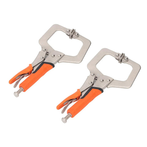 Heavy Duty 9 Inch Locking C Clamp Pliers With Rotating Pads For Welding And Woodworking, featuring orange non-slip grips.
