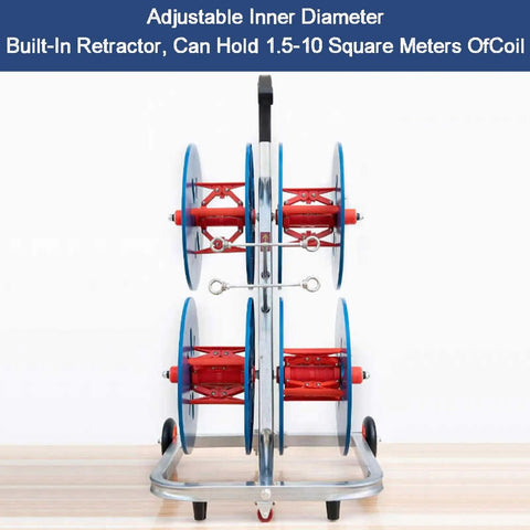 Rugged Wire Spool Rack For Shops And Job Sites with blue and red reels, heavy duty cold rolled steel dispenser holder shown from front