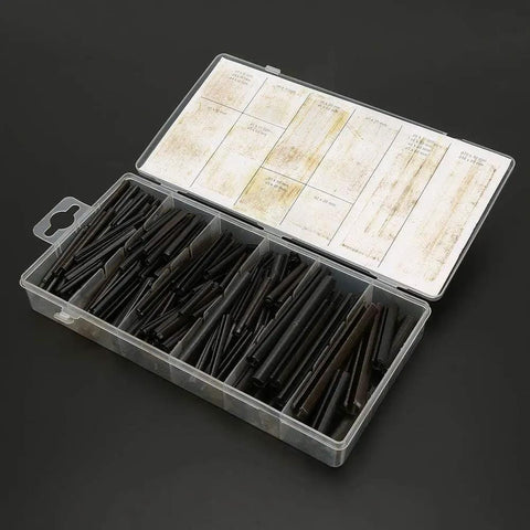 Open box showing Pro Grade Spring Roll Pin Assortment Kit 450 Piece Black Oxide Steel Dowel Pins Set for Machinery Equipment Repair.