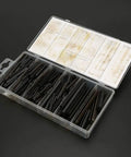 450 Piece Spring Steel Split Dowel Pin And Tension Roll Pin Kit With Durable Storage Case And Dividers shown open with contents visible