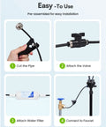 Installation steps for Outdoor Misting System Kit With Water Filter, 59 Ft Misting Line And 17 Premium Nozzles, showing 4 stages.