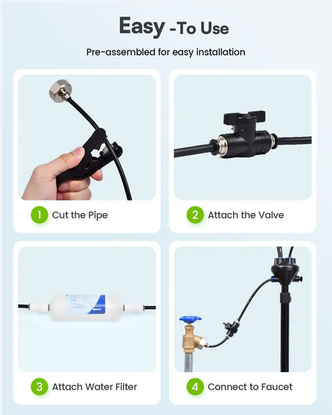 Installation steps for Outdoor Misting System Kit With Water Filter, 59 Ft Misting Line And 17 Premium Nozzles, showing 4 stages.