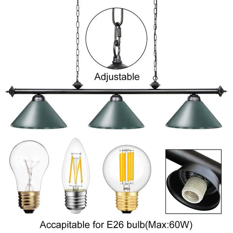 59 Inch Hanging Pool Table Light With Three Shade Billiard Lamps, Adjustable Chain, Green Finish, E26 Bulbs, Game Room
