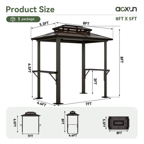 8x5 Ft Aluminum Grill Gazebo With Double Polycarbonate Top And Shelves Outdoor BBQ Canopy Hardtop For Backyard Lawn Or Patio