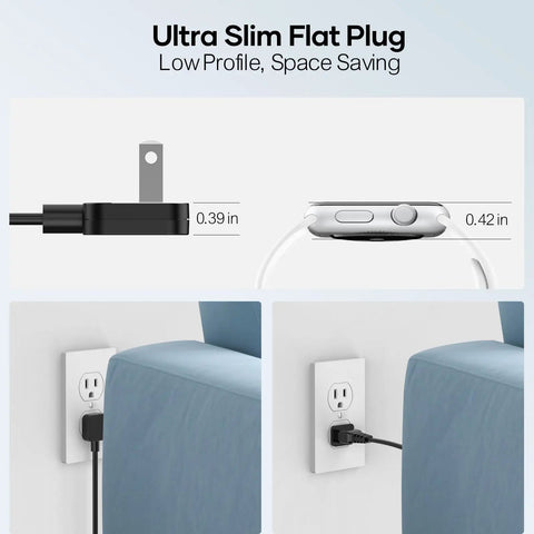 Ultra slim flat plug of GaN PD 450W 10 Ports USB C And USB A Charger Hub beside wall outlet and furniture.