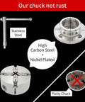 4 Inch Wood Lathe Chuck Set Built To Last With 1 Inch By 8 TPI Thread And 3 Quarter Inch By 16 TPI Adapter Nickel Plated Self Centering 4 Jaw Wood Turning Chuck For Lathe, showing stainless steel, high carbon steel, nickel plating, and rust-free comparison with a rusty chuck.