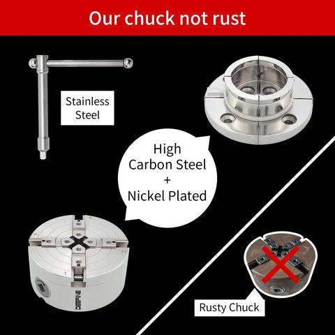 4 Inch Wood Lathe Chuck Set Built To Last With 1 Inch By 8 TPI Thread And 3 Quarter Inch By 16 TPI Adapter Nickel Plated Self Centering 4 Jaw Wood Turning Chuck For Lathe, showing stainless steel, high carbon steel, nickel plating, and rust-free comparison with a rusty chuck.