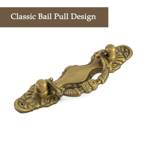 4 Pack Antique Brass Bail Drawer Pulls With 2-1/2 Inch Center Spacing, ornate design, close-up of single pull on white background