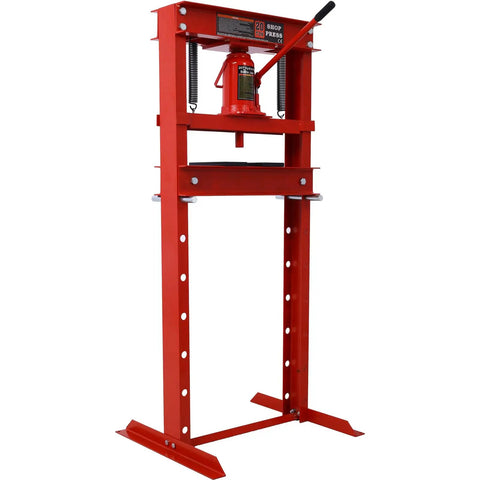 Heavy Duty 20 Ton H Frame Hydraulic Shop Press With Adjustable Height And Dual Guide Rods Crafted For Smooth Operation And Easy Garage Rig Up For Any Auto Repair Job In Bold Red. Full view of solid red frame design.