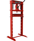 Top Shelf 20 Ton Hydraulic Shop Press With Rock Hard H Frame Floor Base Built For Ridiculous Auto Repair Grind Bearing Inserts Pulley Swaps And U Joint Pressing In Vivid Red, showing front view of sturdy metal frame.