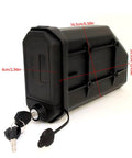 Badass Motorcycle Side Tool Box For CRF1000L Cargo Rack, sturdy black metal design with keys, dimensions shown.