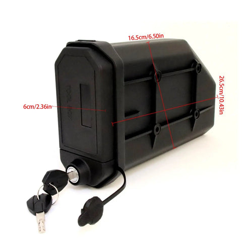 Badass Motorcycle Side Tool Box For CRF1000L Cargo Rack, sturdy black metal design with keys, dimensions shown.