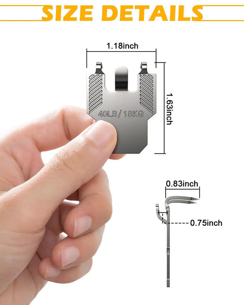 Heavy Duty Drywall Picture Hangers And Claw Hooks, 20 Piece Heavy Hitters, showing size of 40LB claw hook in hand.