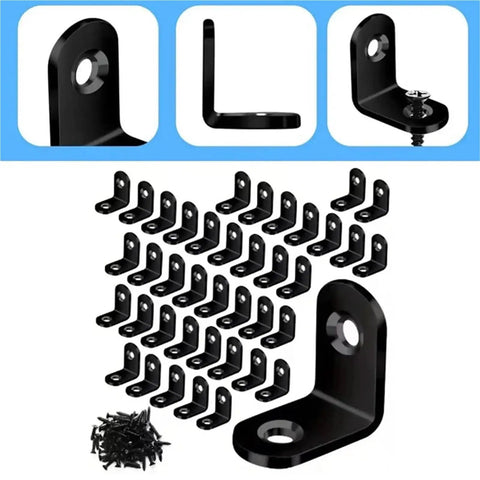 50 Pack Straight Up Tough Stainless Steel L Brackets Right Angle Heavy Duty Mounting Hardware With Screws For Wood Furniture Shelves And Wall Support Go To Reinforcement featuring various L brackets and screws.
