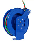 Blue Retractable Welding Hose Reel With One Quarter Inch By 50 Foot Twin Oxygen Acetylene Hoses Heavy Duty Industrial Steel Build