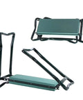 Garden Kneeler Seat 2 In 1 Folding Garden Bench With Handles And Foam Pad Easy Fold Portable Kneeling Pad For Gardening Built In Tool Pouches Supports Up To 150kg Perfect For Easy Yard Work And Planting, shown folded and unfolded