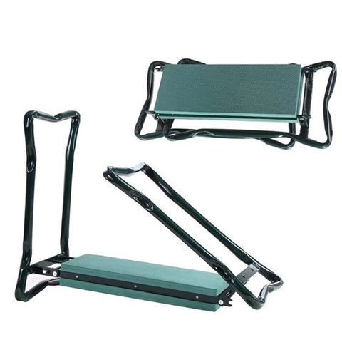 Garden Kneeler Seat 2 In 1 Folding Garden Bench With Handles And Foam Pad Easy Fold Portable Kneeling Pad For Gardening Built In Tool Pouches Supports Up To 150kg Perfect For Easy Yard Work And Planting, shown folded and unfolded